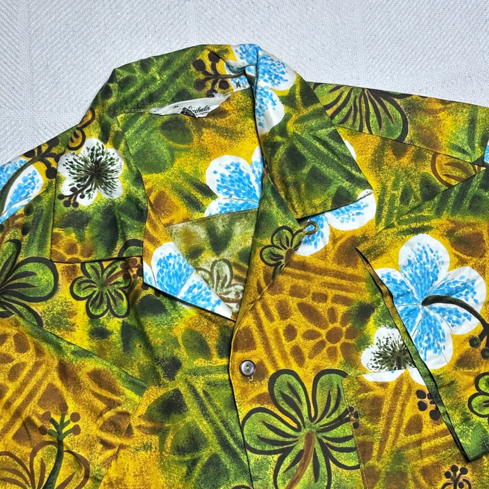 Vintage 50s 60s Lauhala Camp Hawaiian Shirt Mens Large Floral Tapa Green Gold